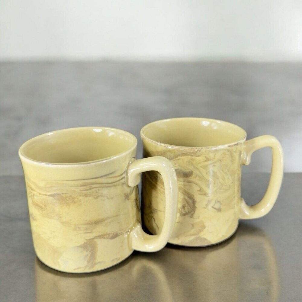 Ceramic‎ Light Brown Coffee Mug Cup Set 2 Marble Swirl Glaze Porcelain Mugs Cups